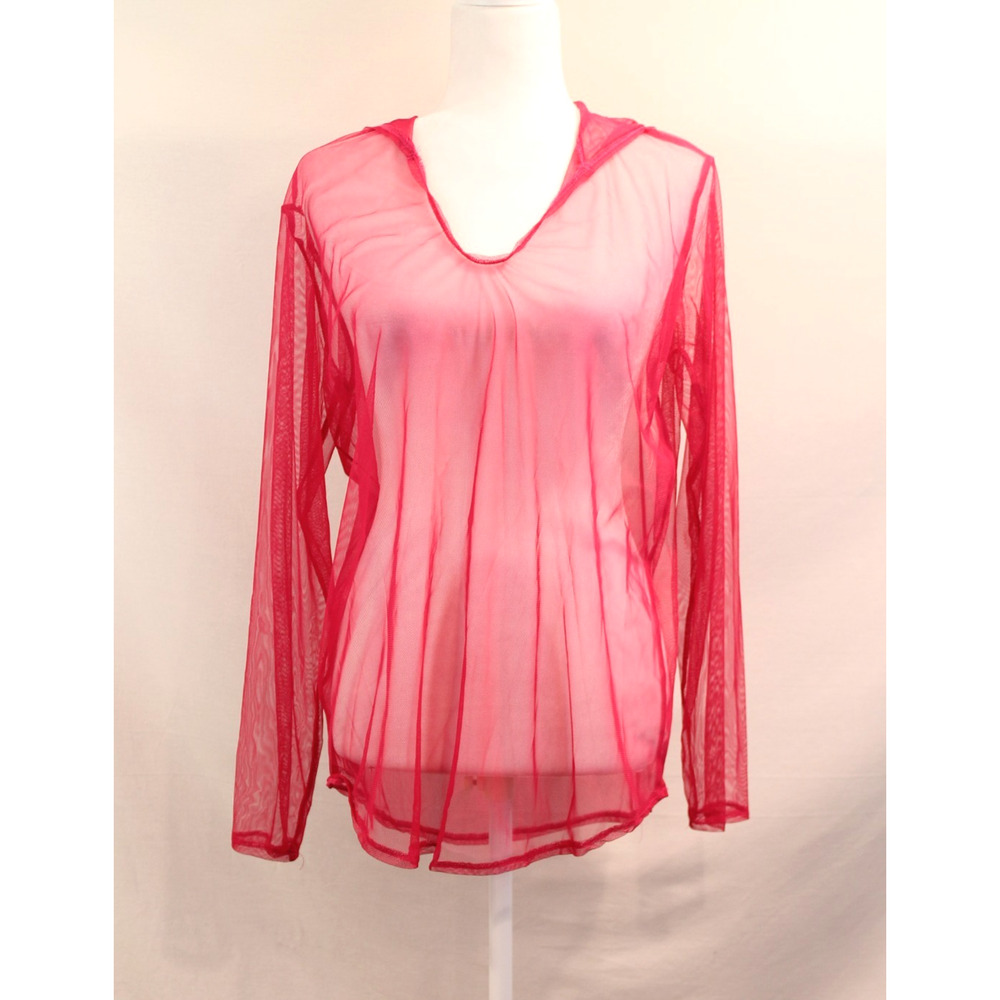 Womens Sheer Mesh Hooded Cover-Up Tunic Top size M Red Sexy Beach Layering